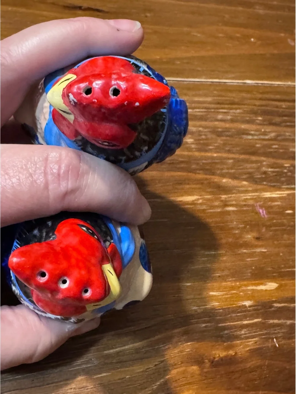 Vintage Rooster Salt Pepper Shaker Ceramic Hand Painted Blue Red Farmhouse China